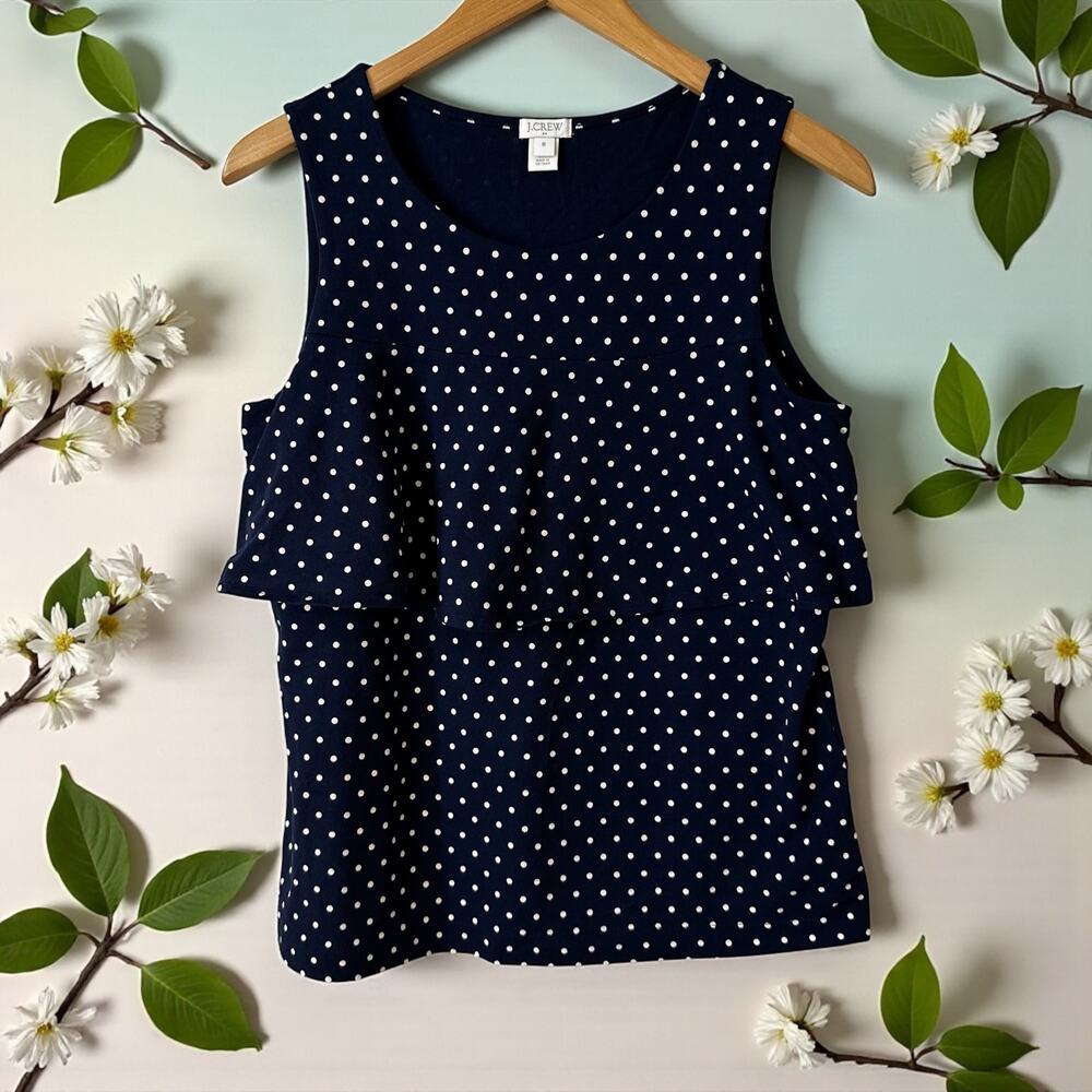 J Crew Womens Polka Dot Ruffle Blouse Tank Top Blue White Medium Preppy Nautical